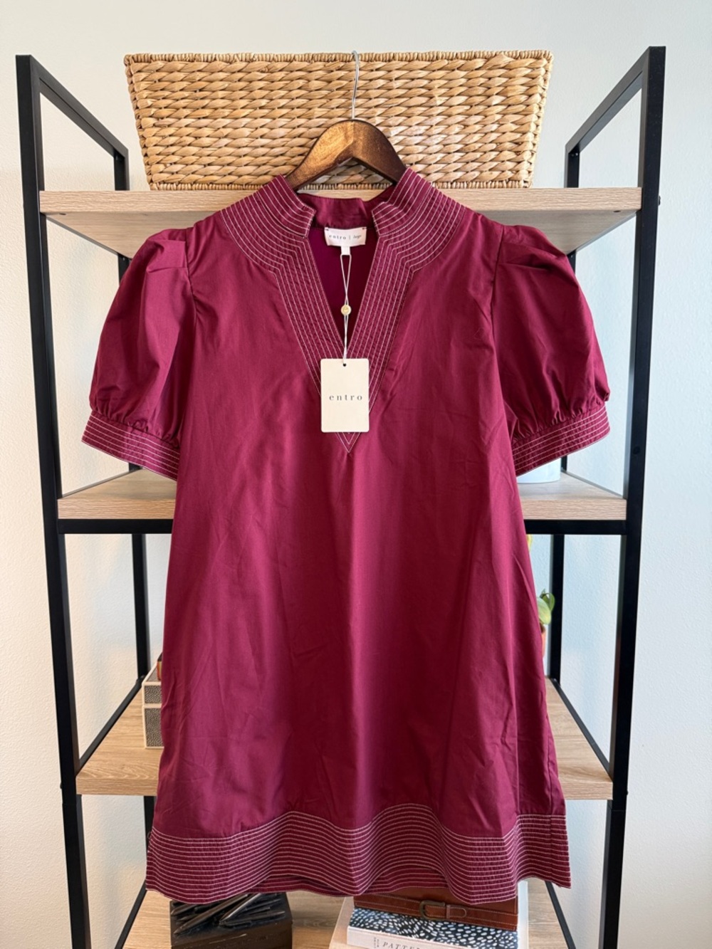 NWT Entro Trapunto Stitch Poplin Woven Puff Sleeve Burgundy Dress w/Pockets, L